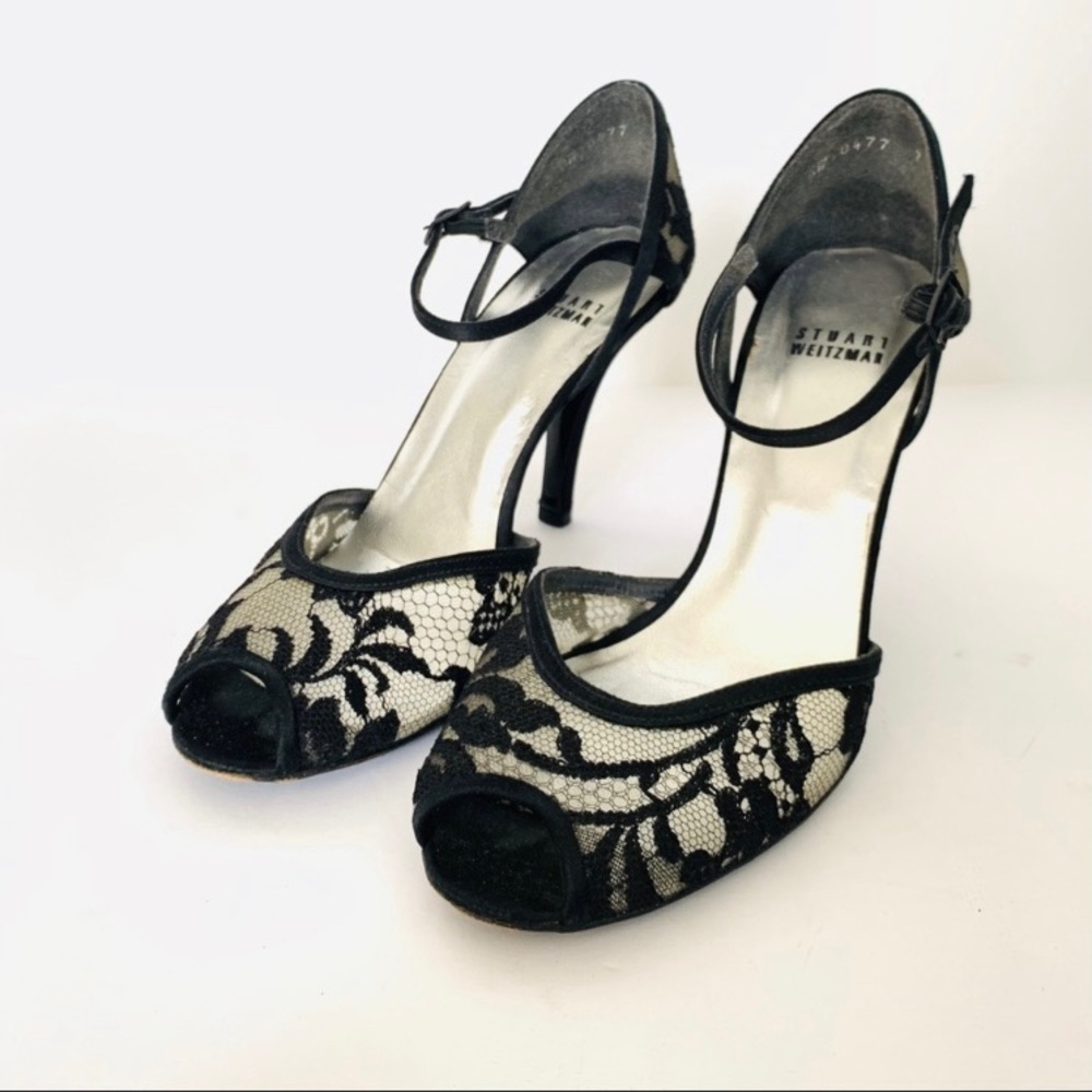 Stuart Weitzman Black and Satin Lace Heels